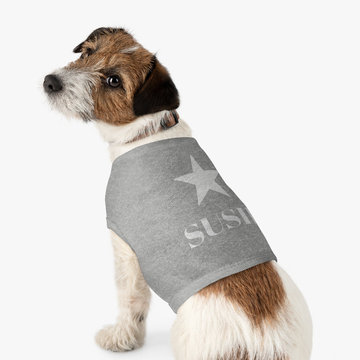 Fox Terrier wearing black custom tank top,   size M, white star on back , personalized name, side angle
