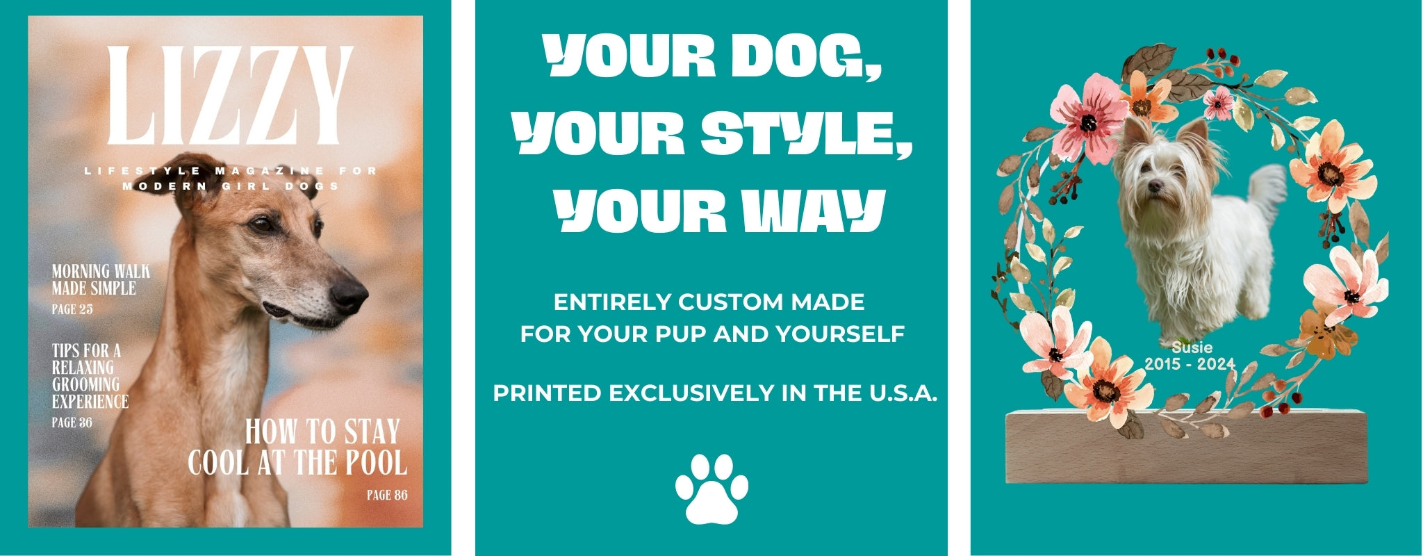 Promotional graphic for a pet product with a dog and text on a teal background