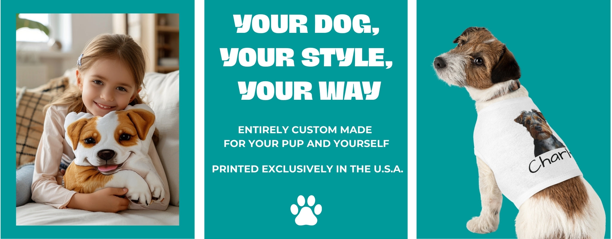 Promotional graphic for a dog product with a girl holding a stuffed dog and a dog wearing a shirt, set against a teal background.
