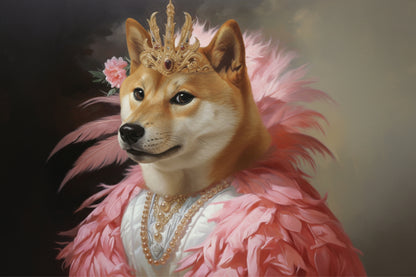 The Fancy Monarch – Custom Dog Portrait with Crown and Feathers