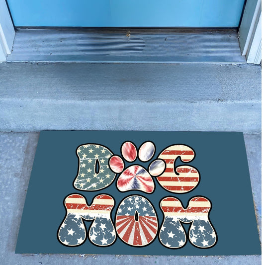Dog Mom Patriotic Door Mat – Stars & Stripes Paw Print Design