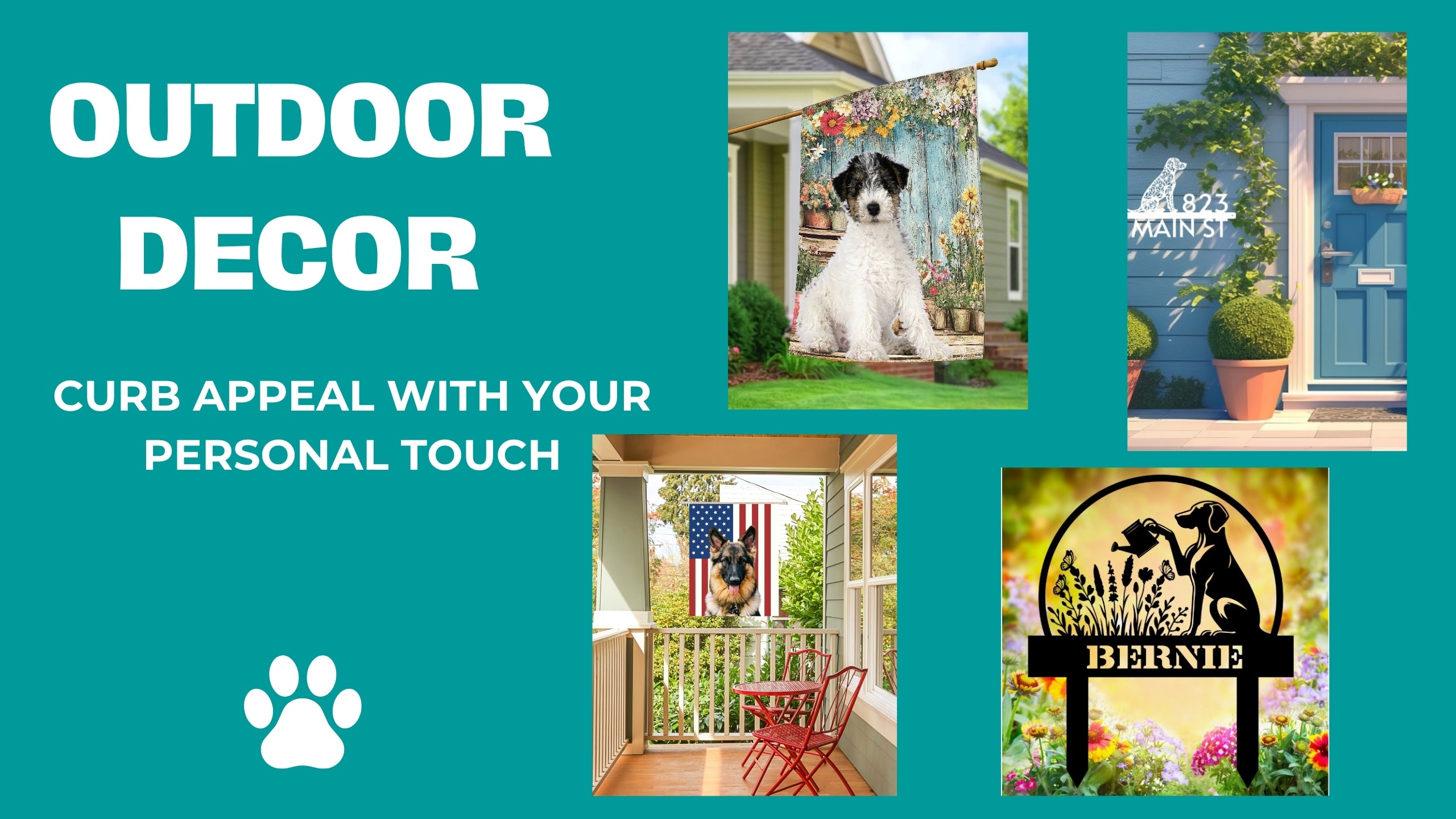 Promotional image for outdoor decor with text and images of a dog, house, and garden sign.