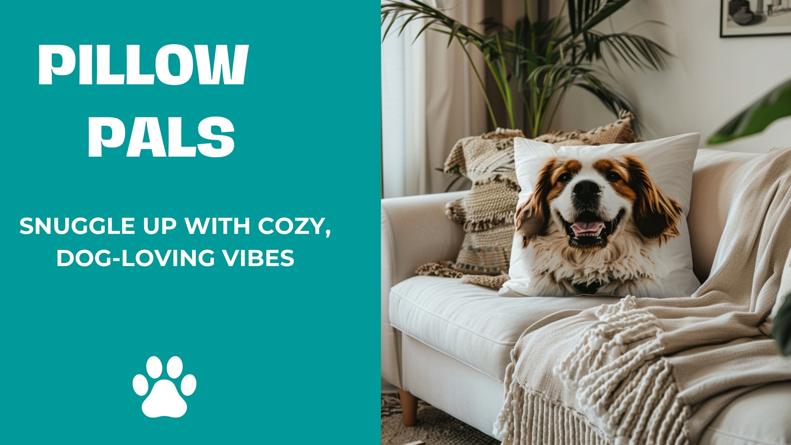 Pillow with photo of a dog on a couch with text 'Pillow Pals' and 'Snuggle up with cozy, dog-loving vibes'.