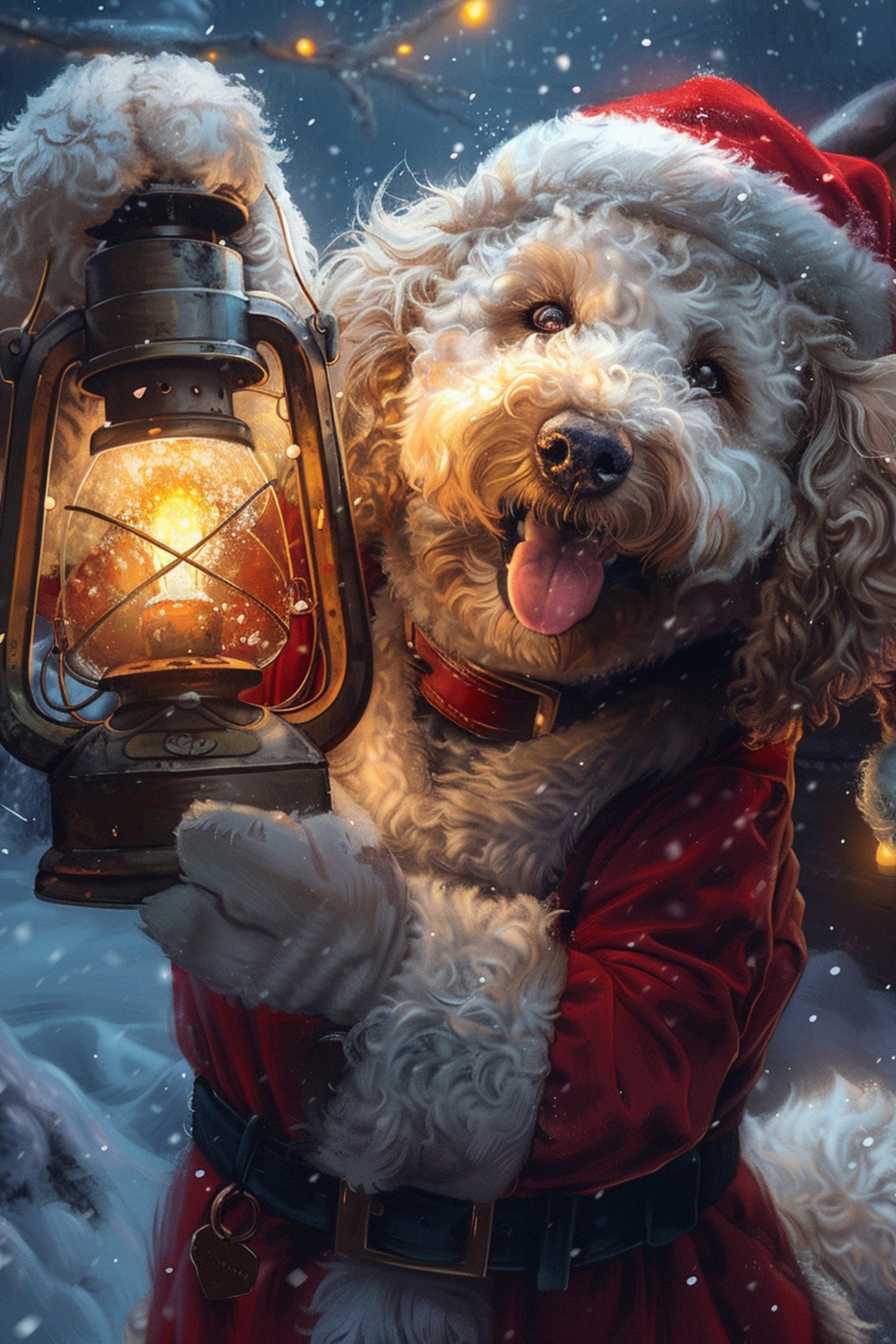 Dog in a Santa outfit holding a lantern with a snowy background