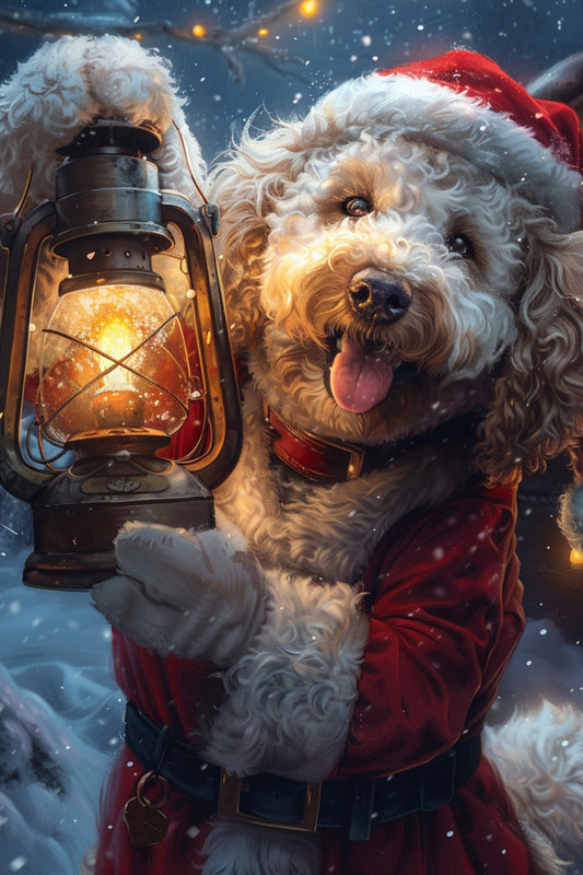 Dog in a Santa outfit holding a lantern with a snowy background