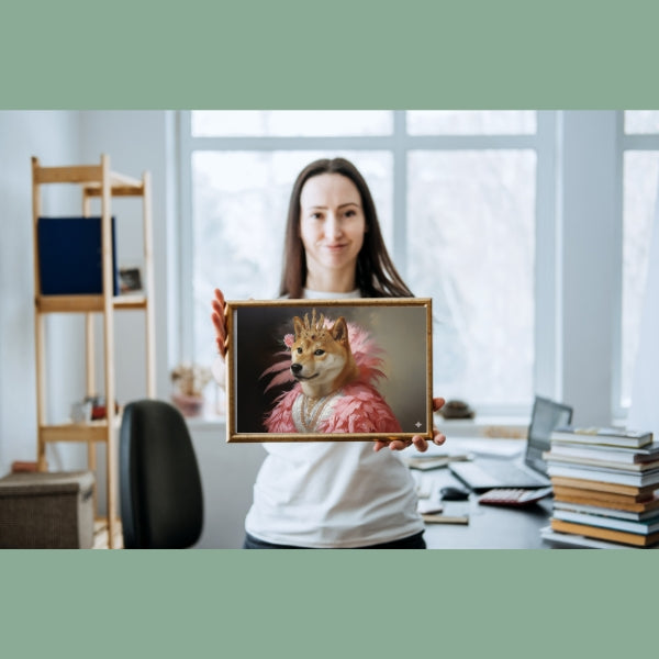 The Fancy Monarch – Custom Dog Portrait with Crown and Feathers