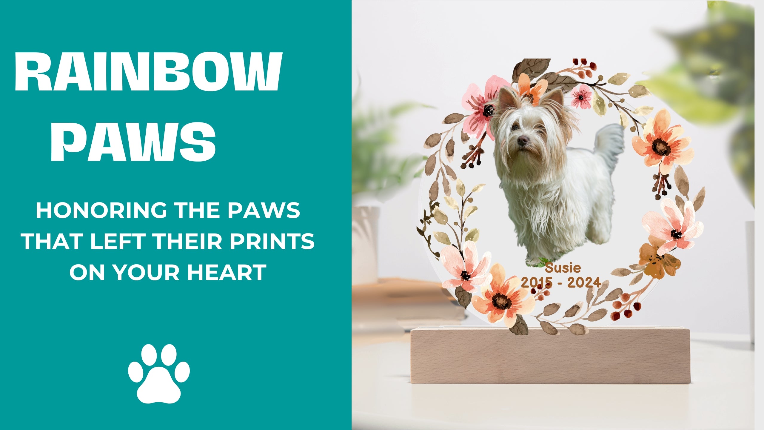 Memorial photo frame with a dog's picture and floral design, featuring the brand 'Rainbow Paws'.