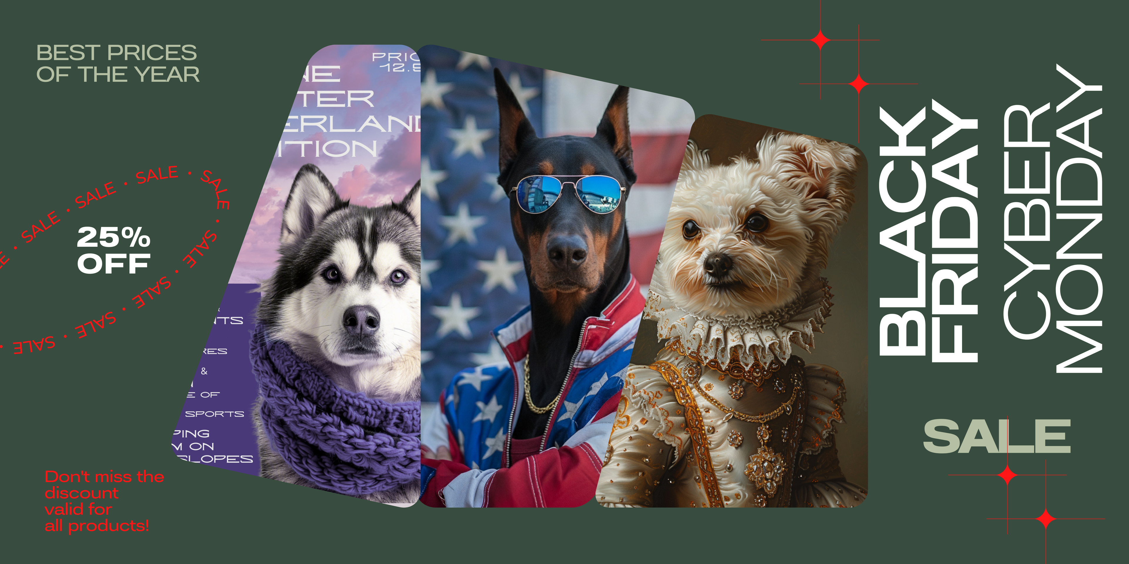 Promotional graphic for Black Friday and Cyber Monday sale with dogs wearing festive clothing.