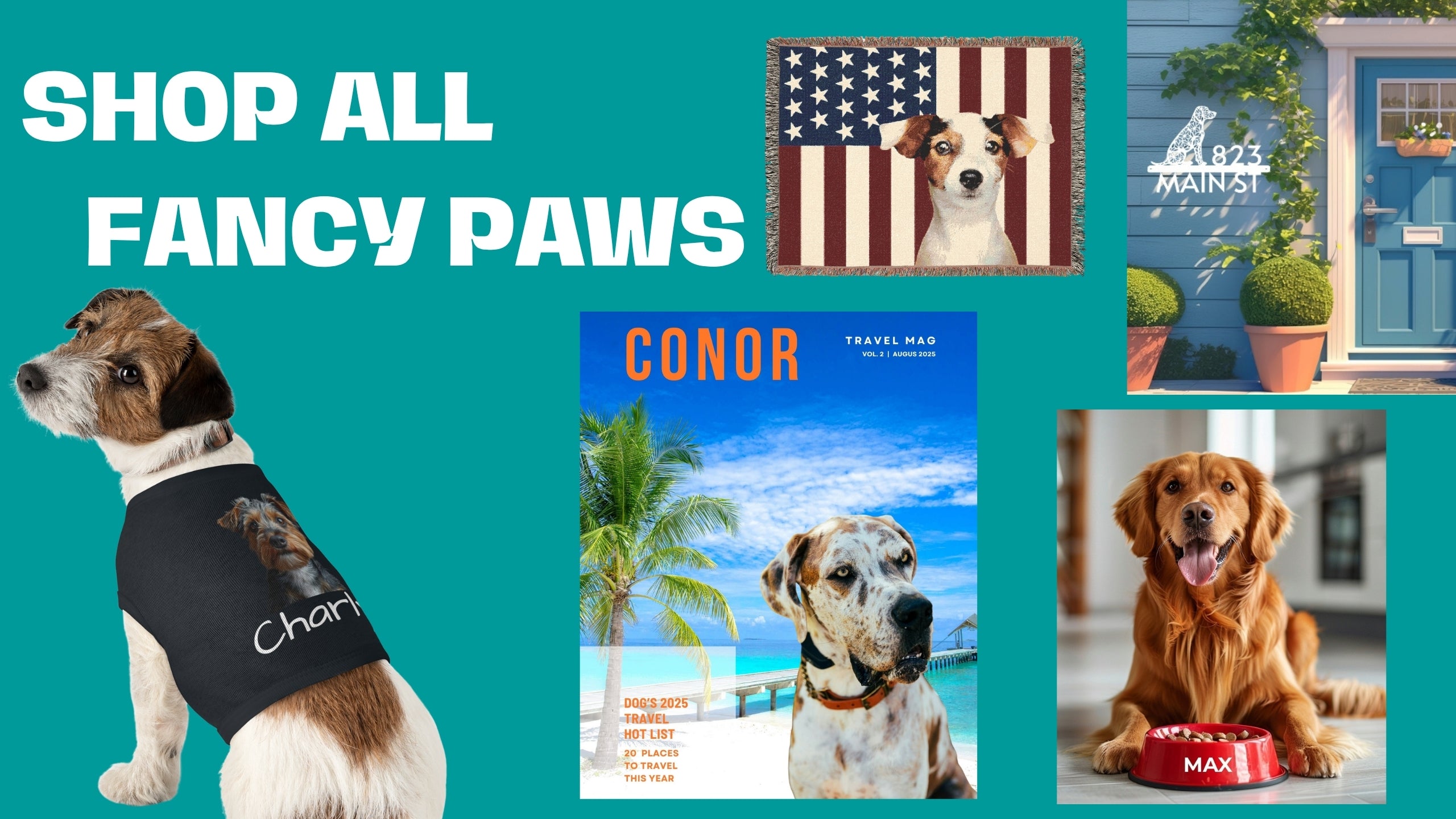 Promotional banner for 'Fancy Paws' products with images of dogs and text on a teal background