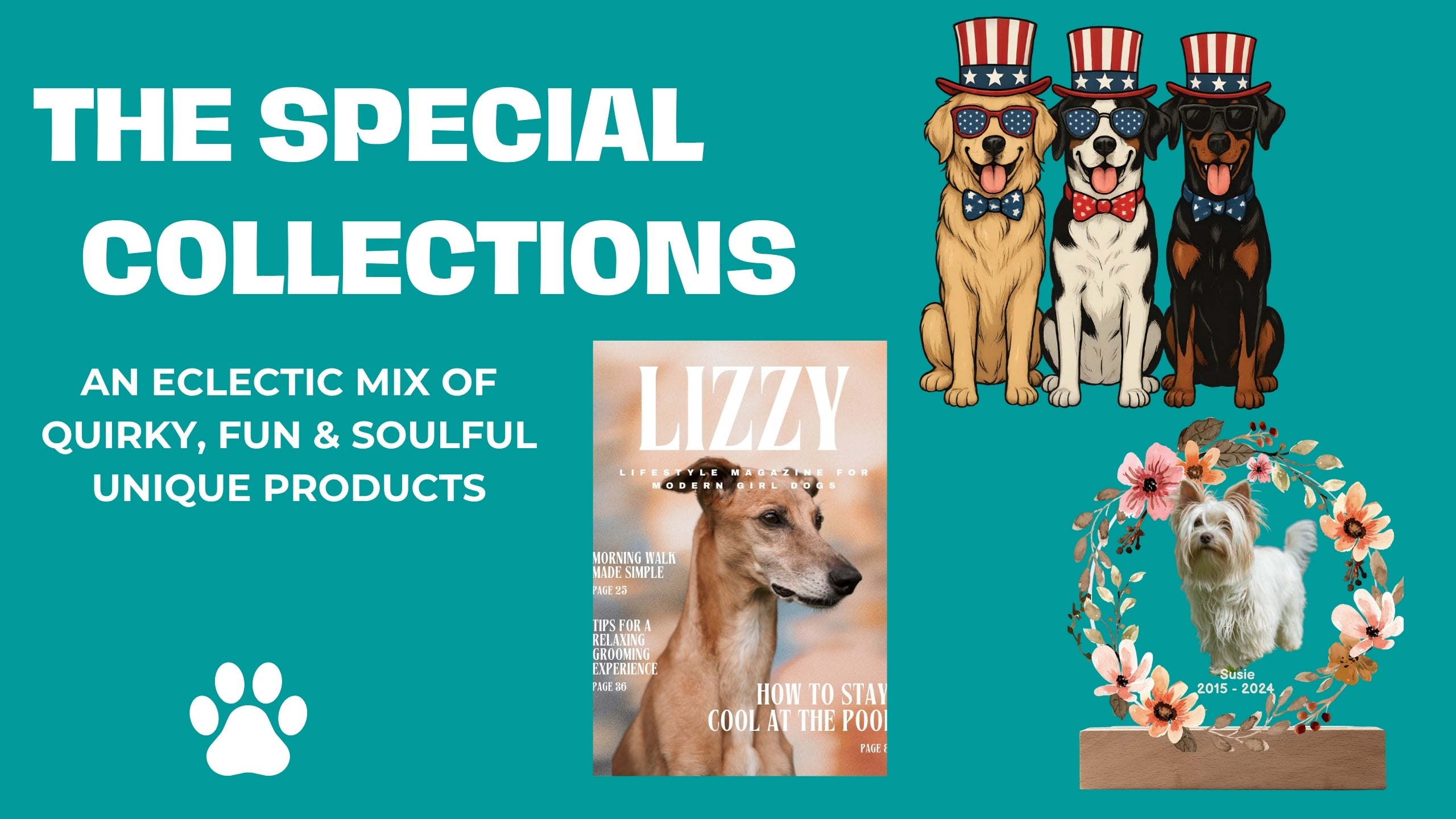 Promotional graphic for 'The Special Collections' featuring dogs in hats and a magazine cover with a dog.
