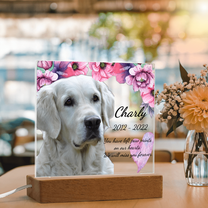 Custom Dog Memorial Plaque – Square Acrylic Keepsake with LED or Wooden Base