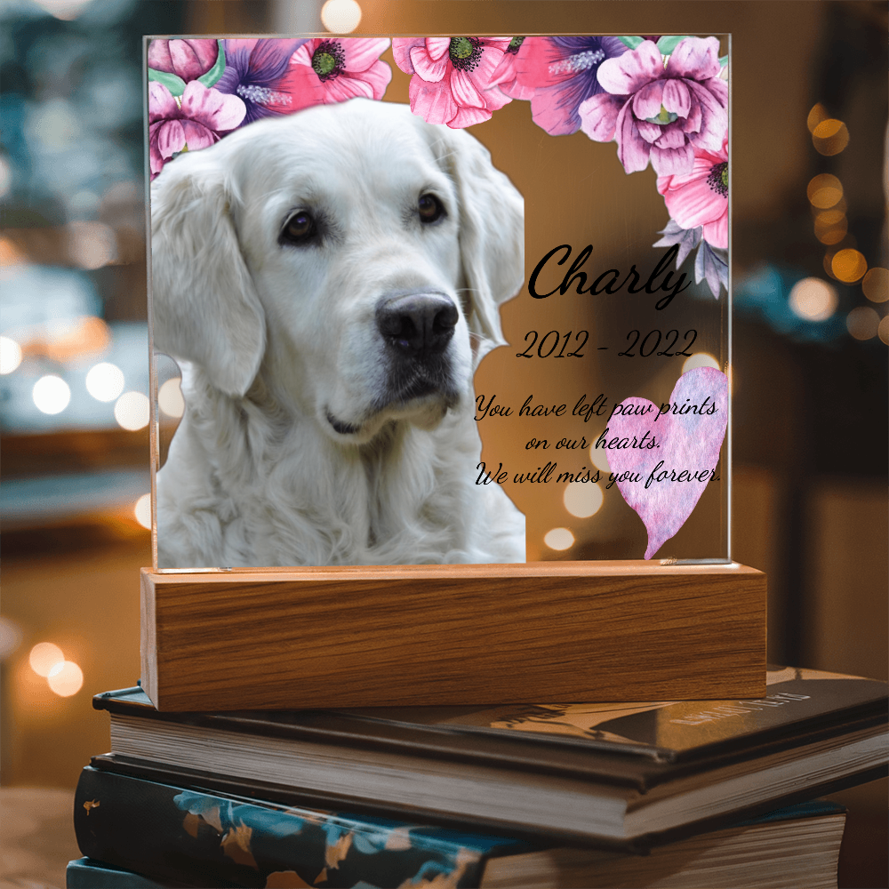 Custom Dog Memorial Plaque – Square Acrylic Keepsake with LED or Wooden Base