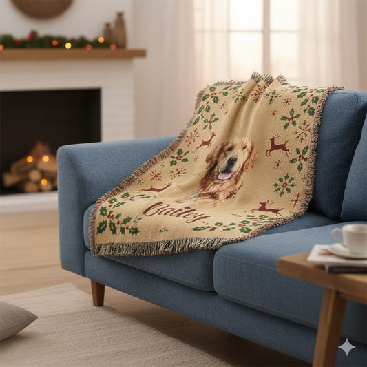 Personalized Woven Dog Blanket – Custom 100% Cotton Tapestry with Your Pet’s Photo & Name