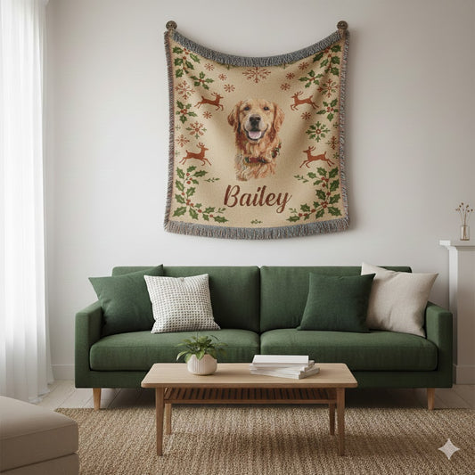Personalized Woven Dog Blanket – Custom 100% Cotton Tapestry with Your Pet’s Photo & Name
