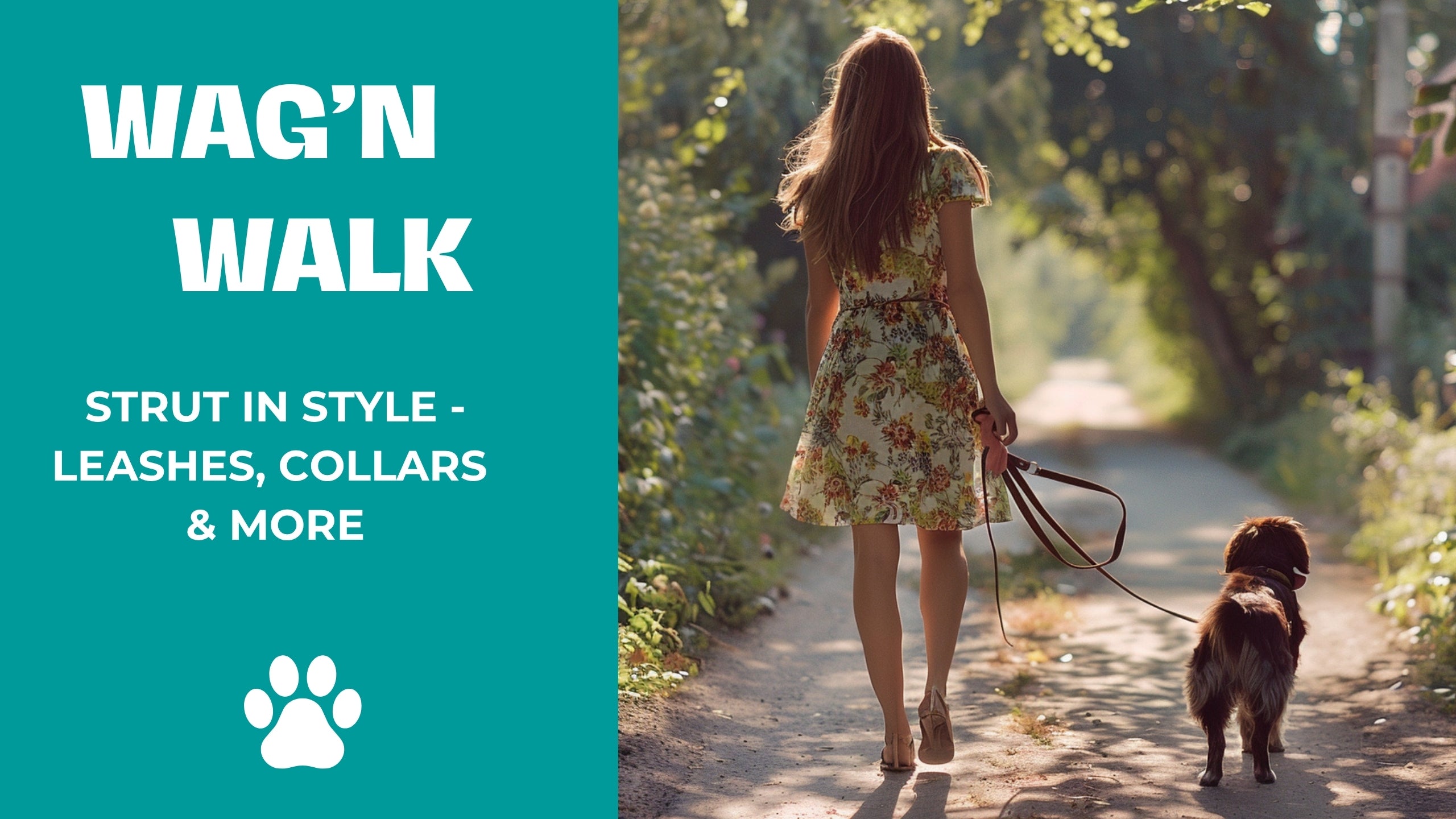 Woman walking a dog on a path with 'Wag'n Walk' branding on the side.
