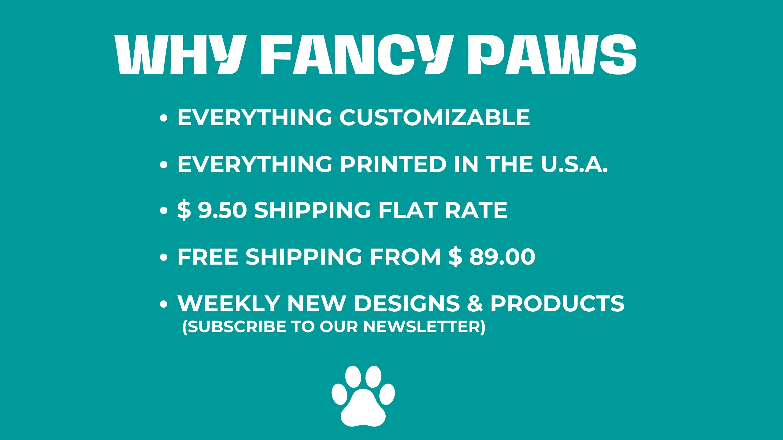 Promotional text about 'Fancy Paws' on a teal background with a white paw logo.