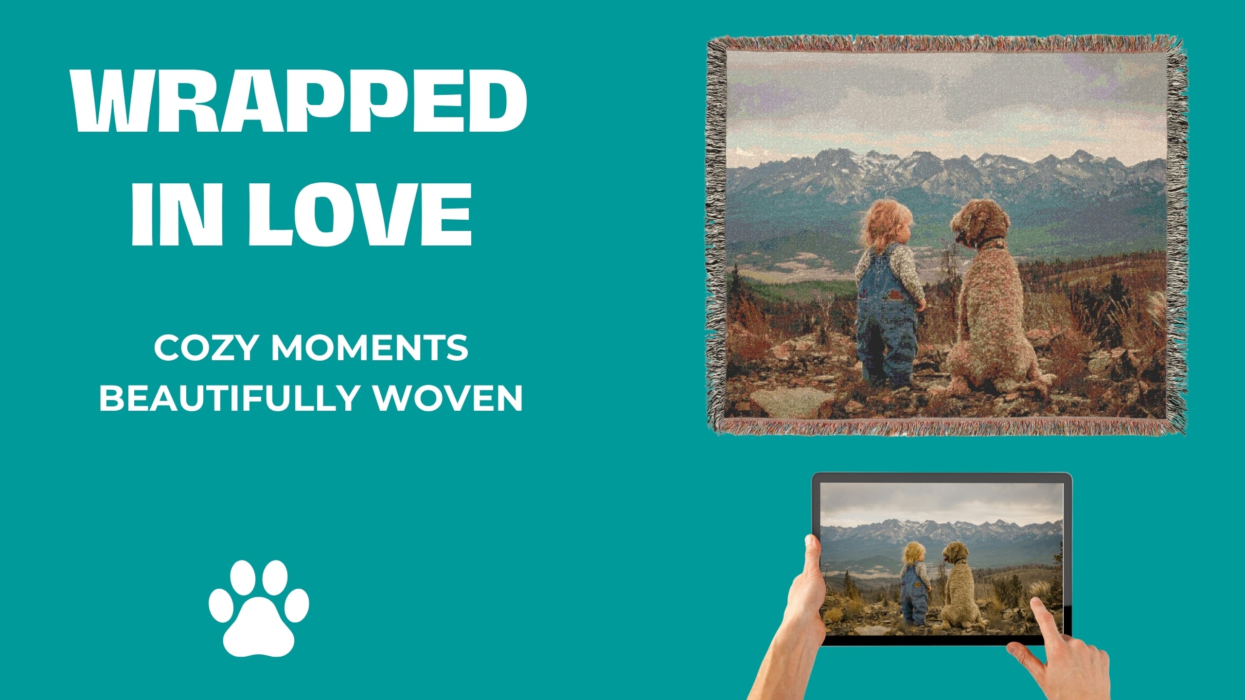 Blanket with a childn and a dog in a scenic setting, held by a person using a tablet.